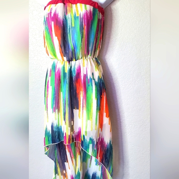 Bebe 2b Colorful Strapless High Low Mini Maxi Dress Size XS Party Cocktail Sheer - Picture 3 of 6